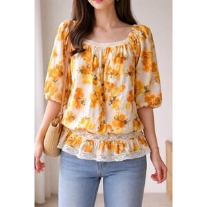 NWT Nicole Miller Artelier Floral Linen Blend Blouse M Boho Cottage Coquette